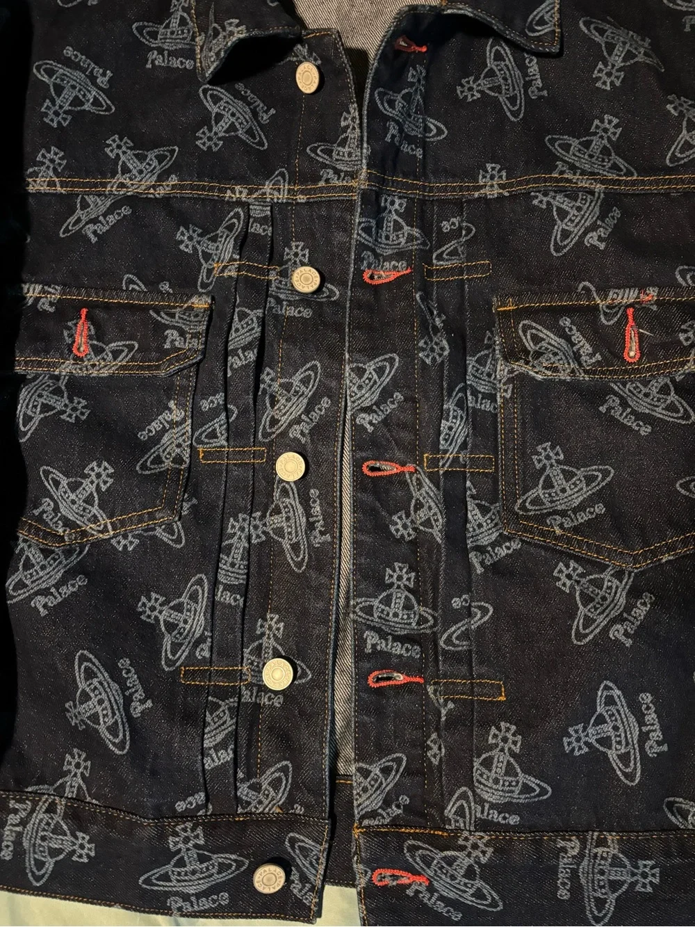 Vivienne Westwood PALACE Navy Black Logo Print Denim Button Up Trucker Jacket